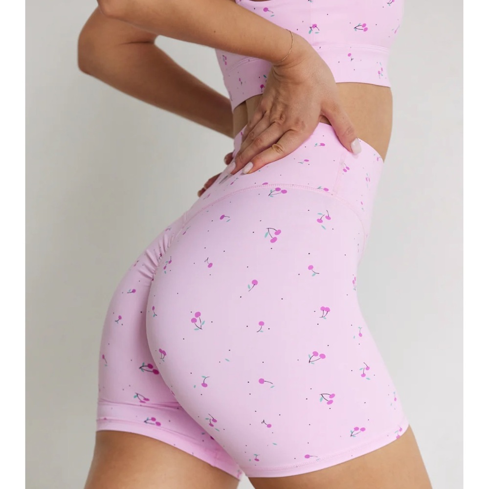 Pink Cherry Print High-Waist Bike Shorts